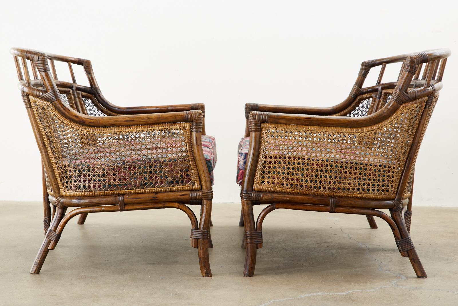Fabric Pair of McGuire Style Rattan Caned Settee Loveseats