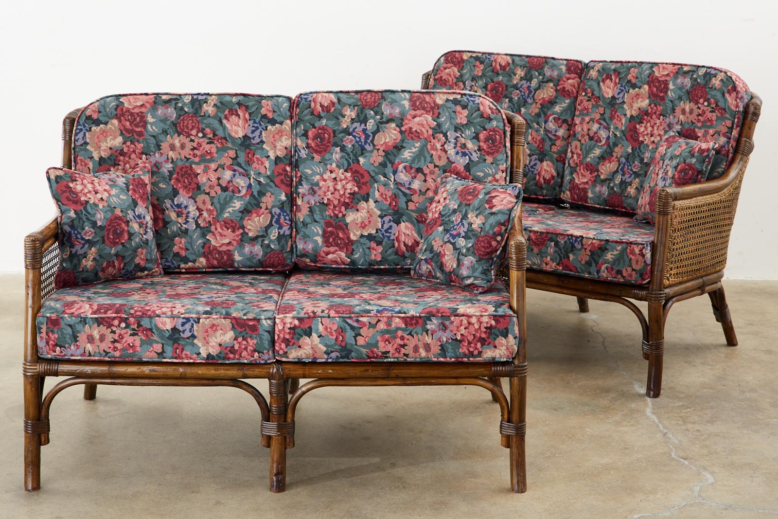 Pair of McGuire Style Rattan Caned Settee Loveseats 1