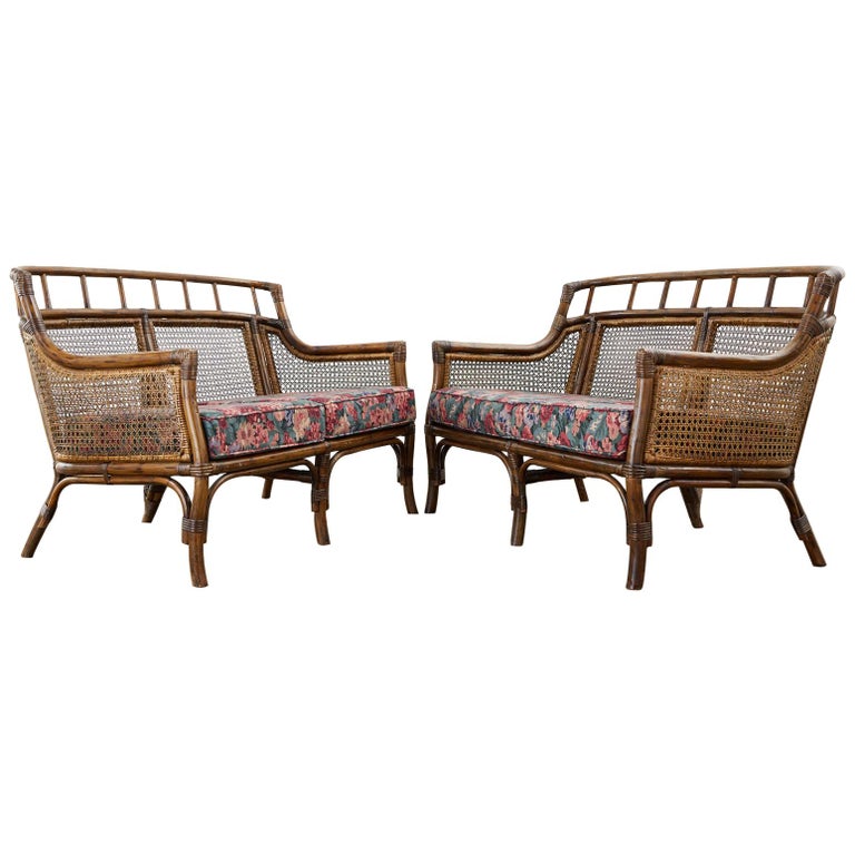 Pair of McGuire Style Rattan Caned Settee Loveseats at 1stDibs
