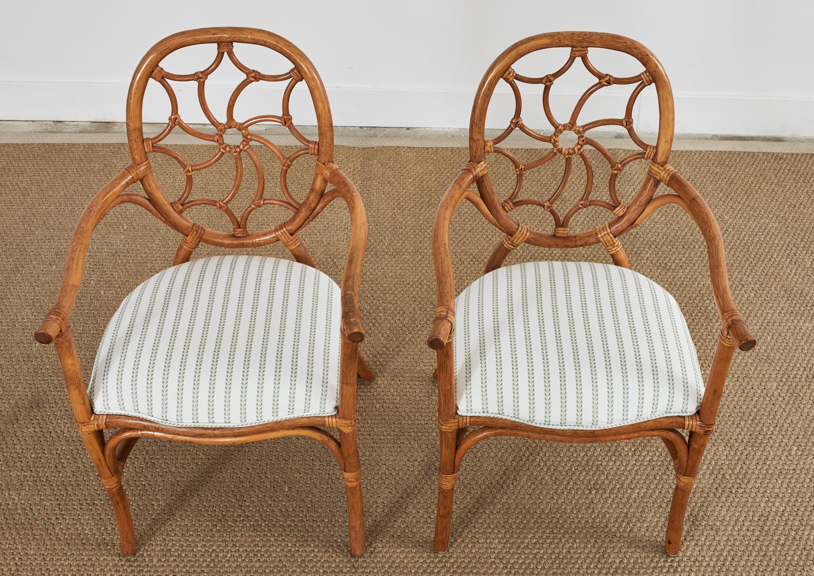 Hand-Crafted Pair of McGuire Style Rattan Organic Modern Dining Armchairs