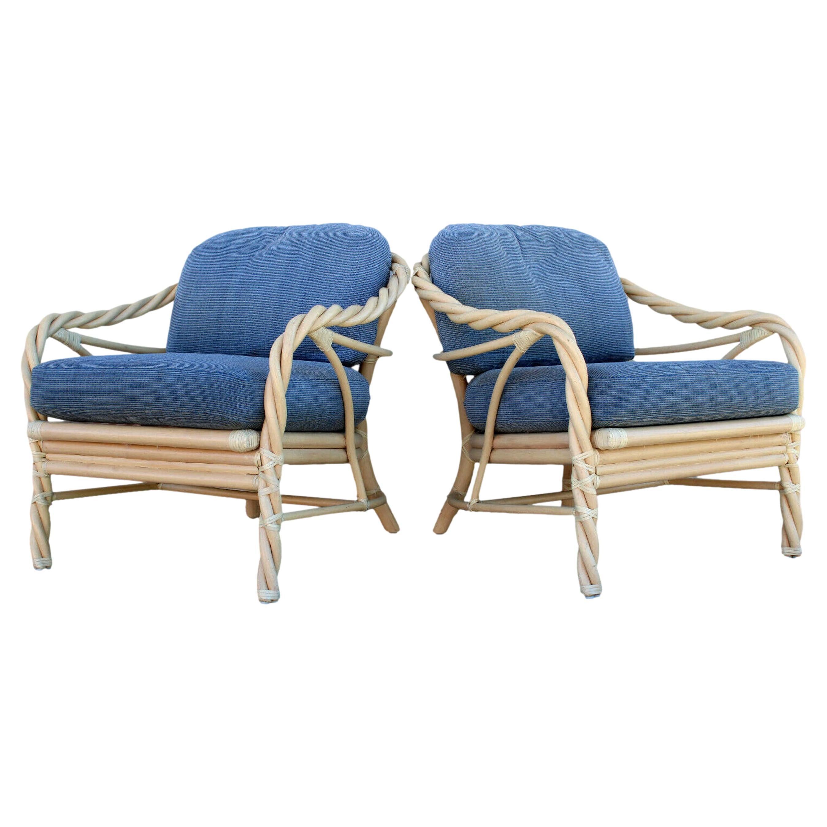 Pair of McGuire Twisted Rattan Lounge Chairs