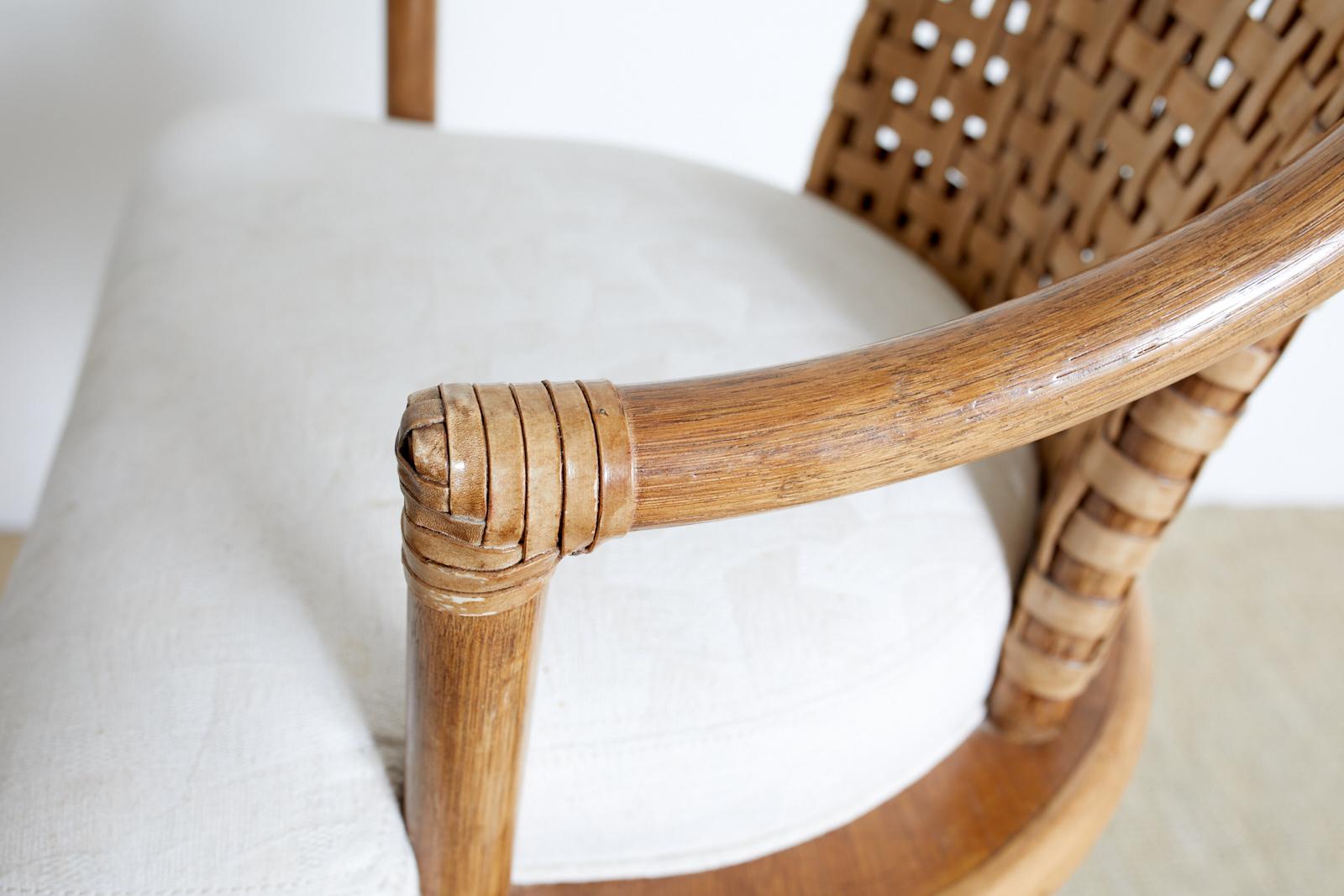 Pair of McGuire Woven Leather Rattan Swivel Barstools 1