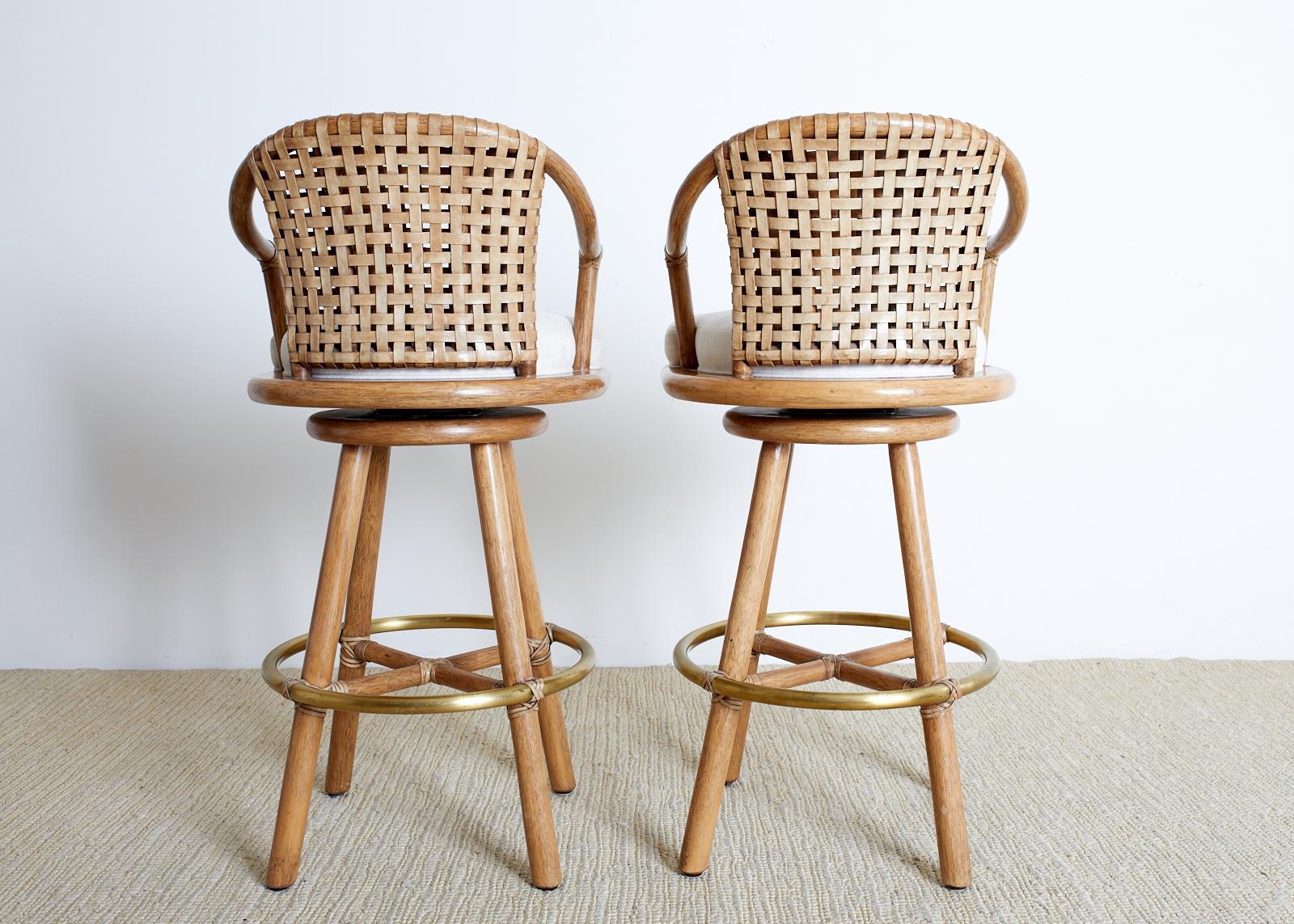 Pair of McGuire Woven Leather Rattan Swivel Barstools 6