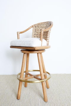 Pair of McGuire Woven Leather Rattan Swivel Barstools