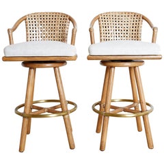 Pair of McGuire Woven Leather Rattan Swivel Barstools