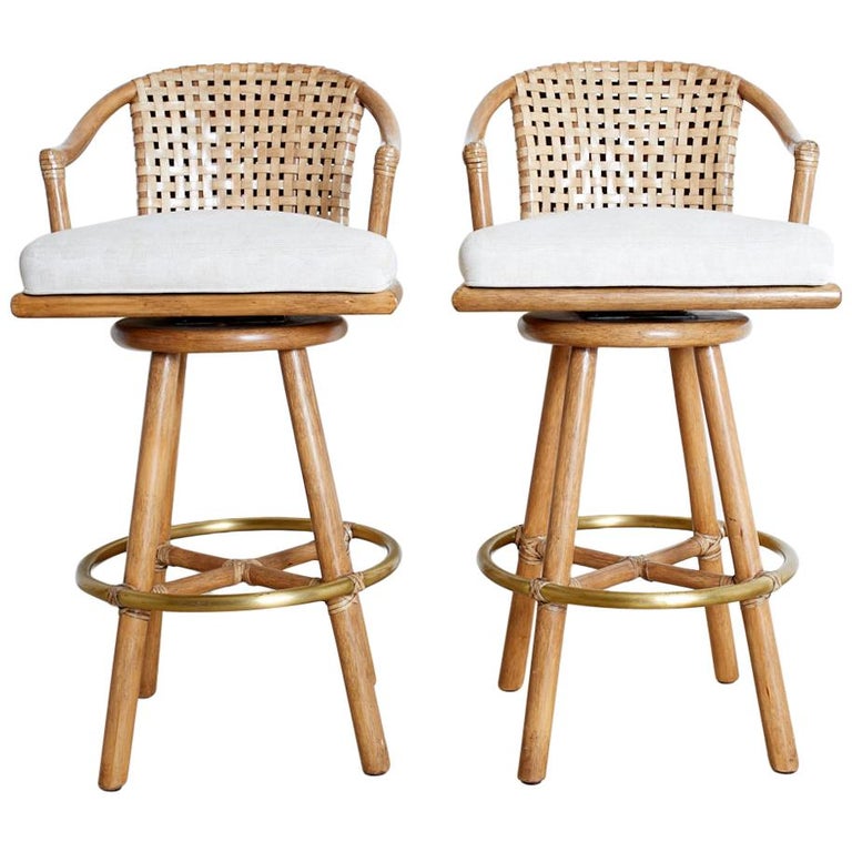 Pair Of Mcguire Woven Leather Rattan, Mcguire Furniture Counter Stools