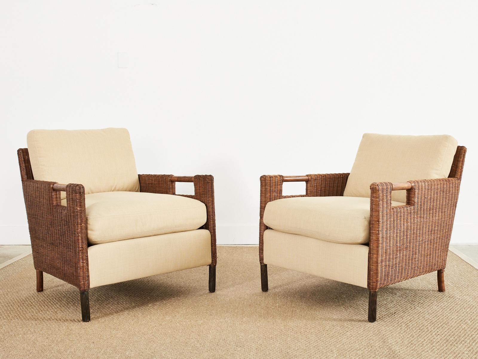 Organic Modern Pair of McGuire Woven Rattan Wicker Lounge Armchairs
