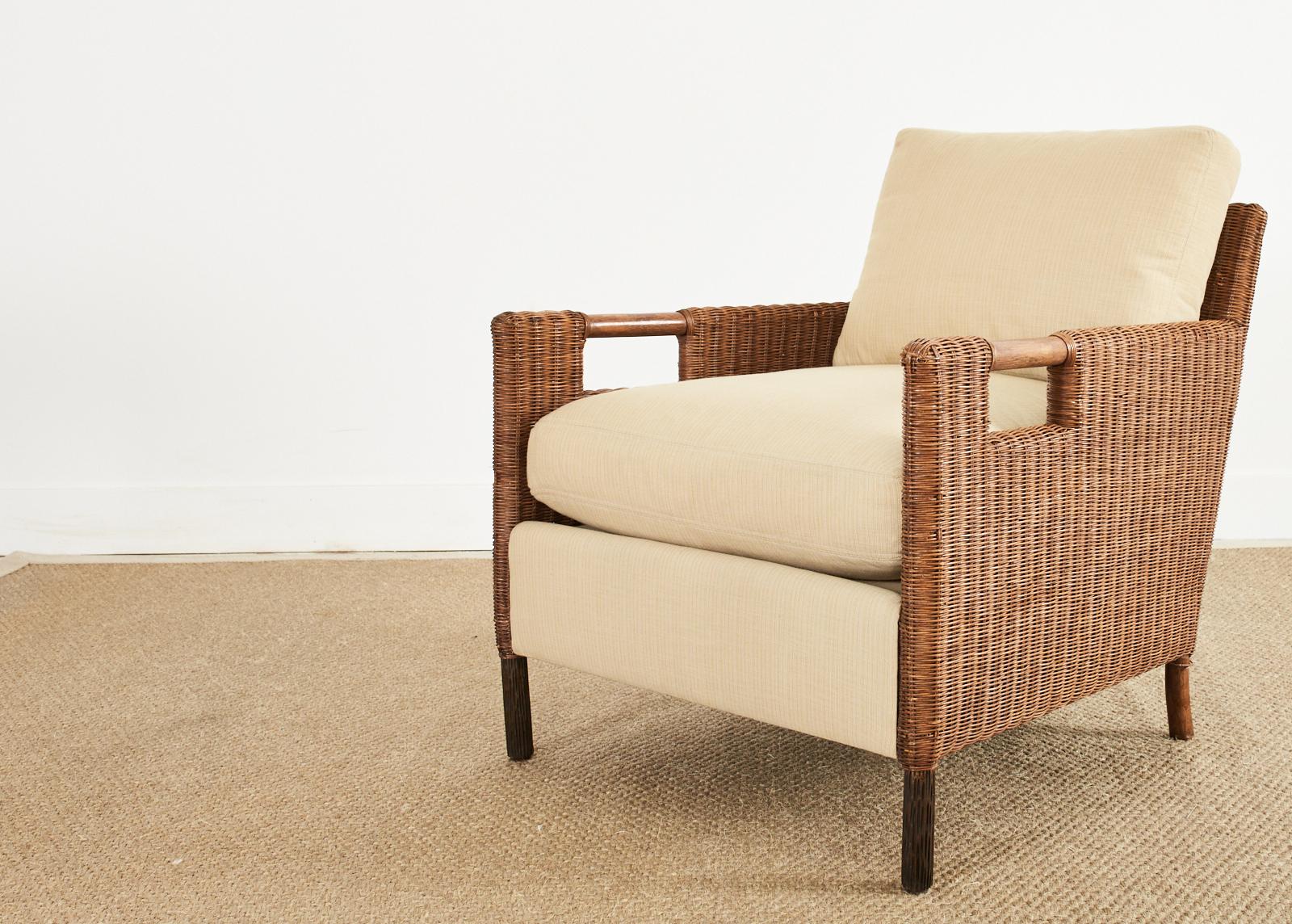American Pair of McGuire Woven Rattan Wicker Lounge Armchairs
