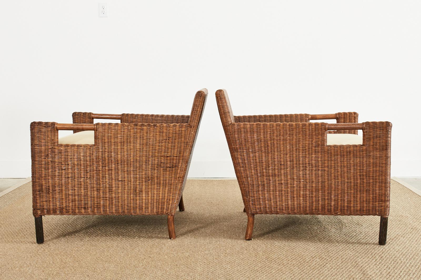 Pair of McGuire Woven Rattan Wicker Lounge Armchairs In Good Condition In Rio Vista, CA