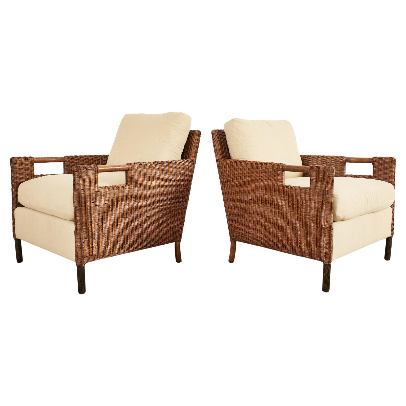 Pair of McGuire Woven Rattan Wicker Lounge Armchairs