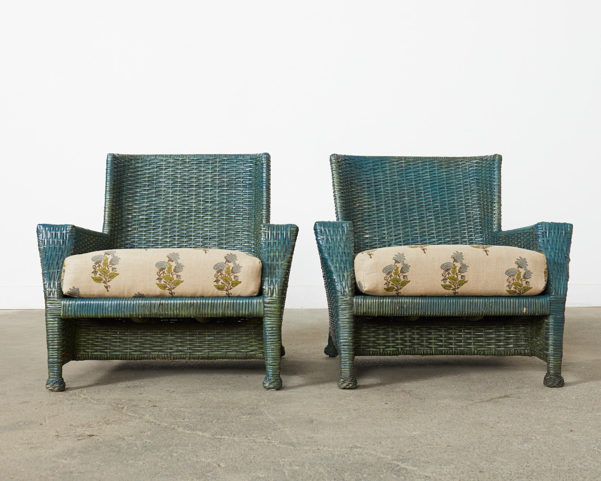 Organic Modern Pair of McGuire Woven Rattan Wicker Lounge Chairs 