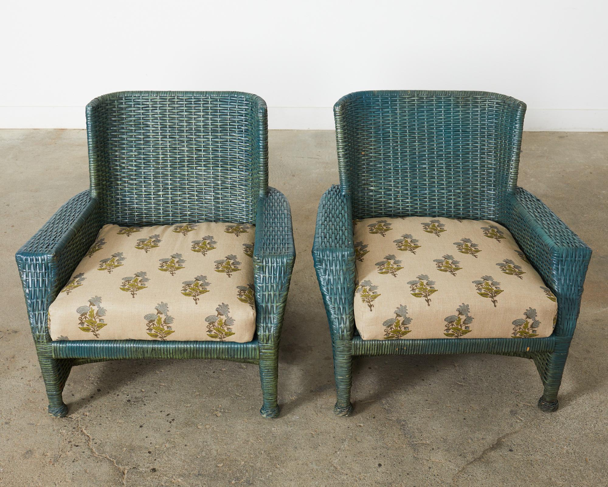 American Pair of McGuire Woven Rattan Wicker Lounge Chairs 