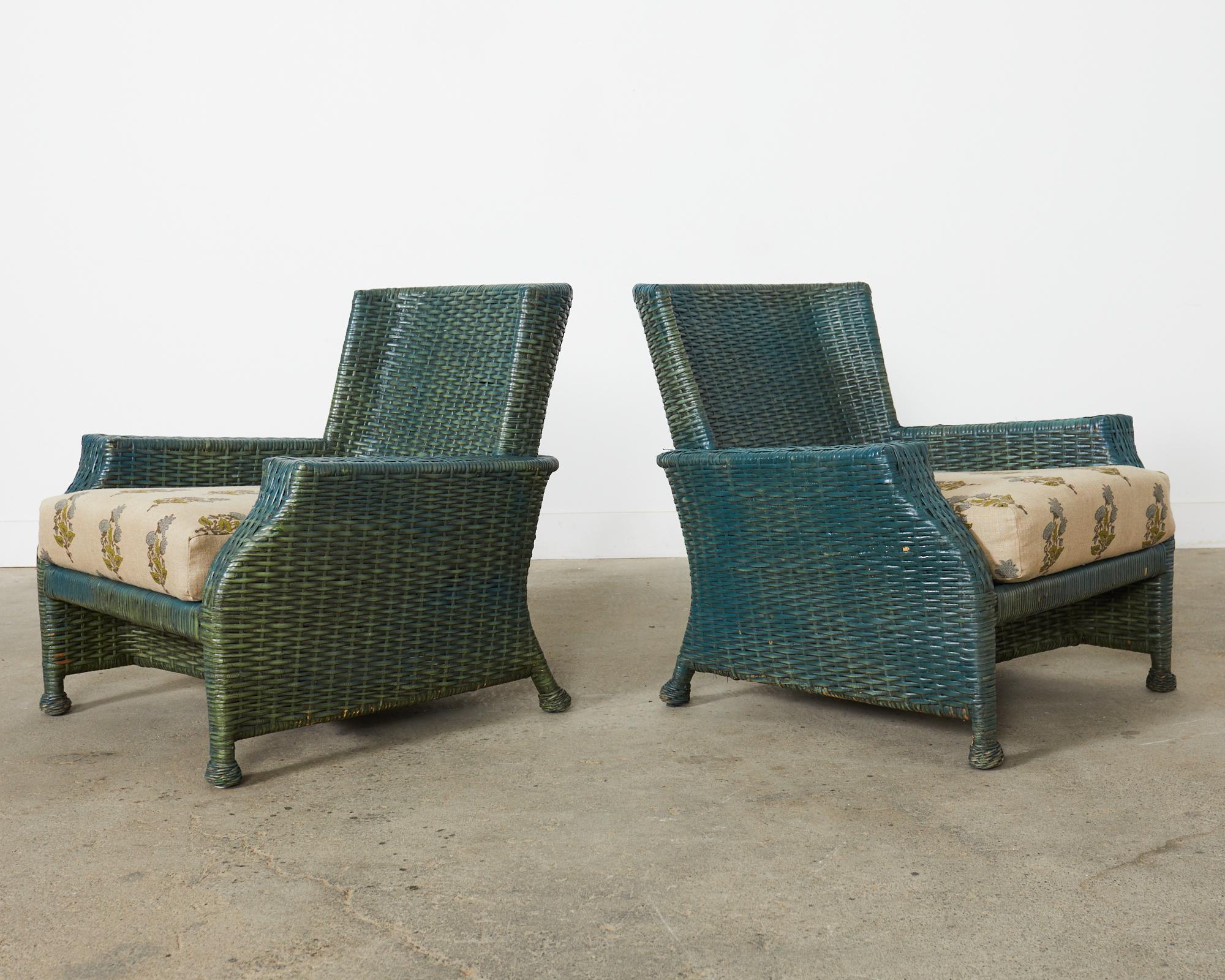 Pair of McGuire Woven Rattan Wicker Lounge Chairs  In Distressed Condition In Rio Vista, CA
