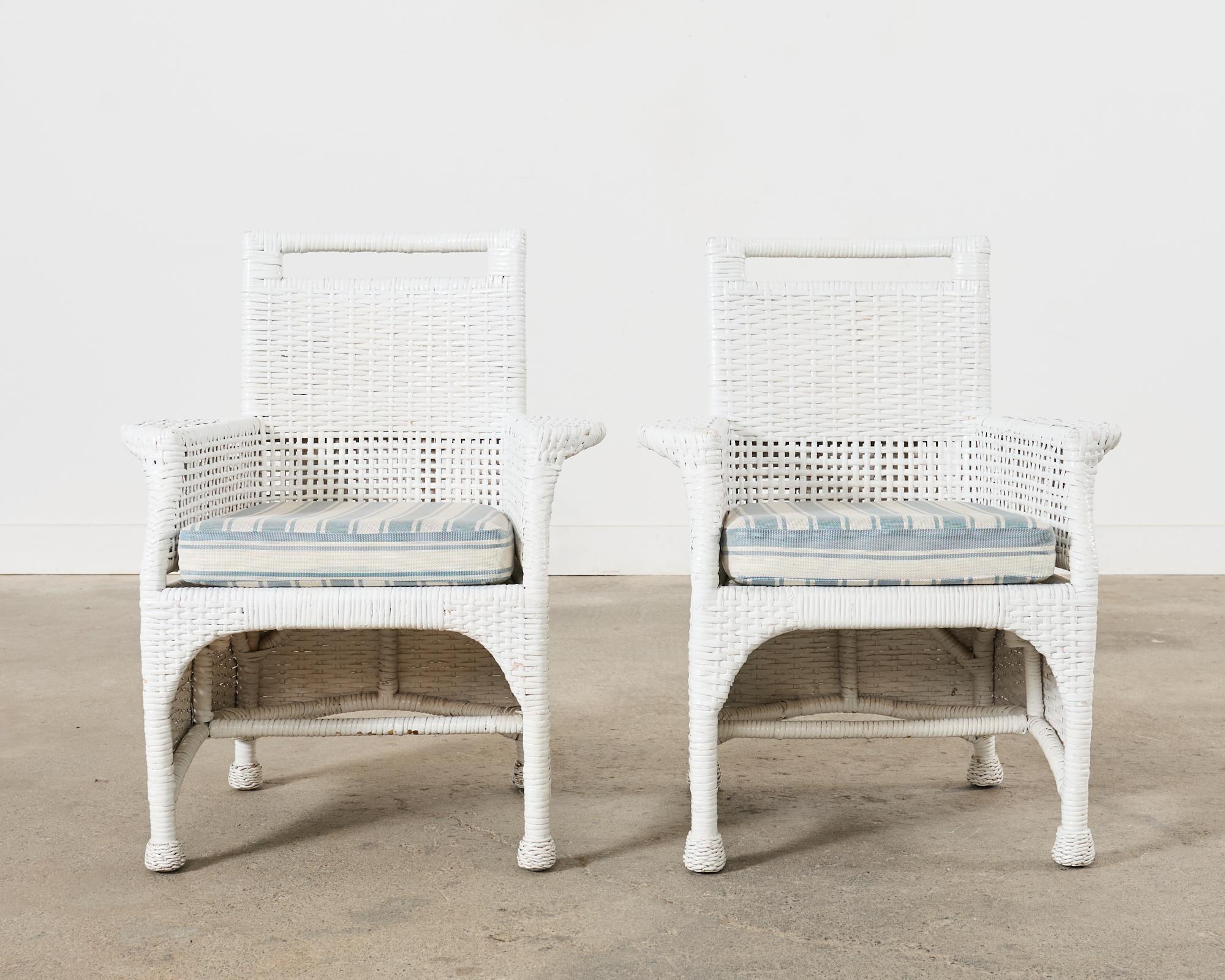 American Pair of McGuire Woven Rattan Wicker Organic Modern Armchairs  For Sale