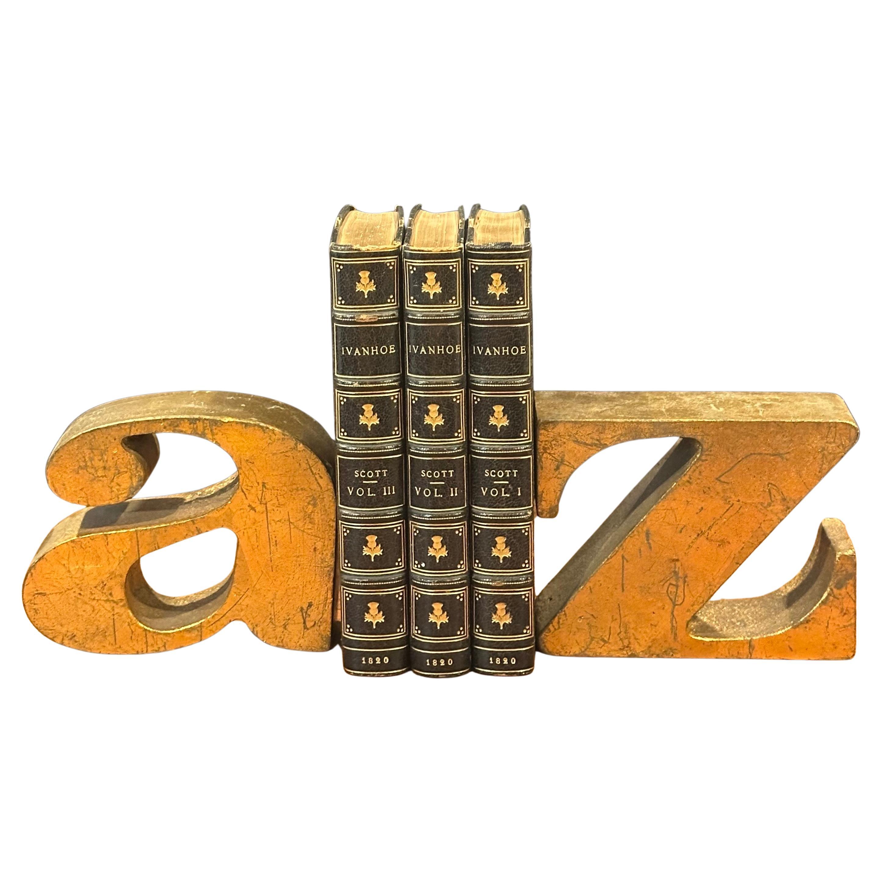 Pair of MCM "A to Z" Gold Leaf Finish Iron Bookends by Curtis Jere