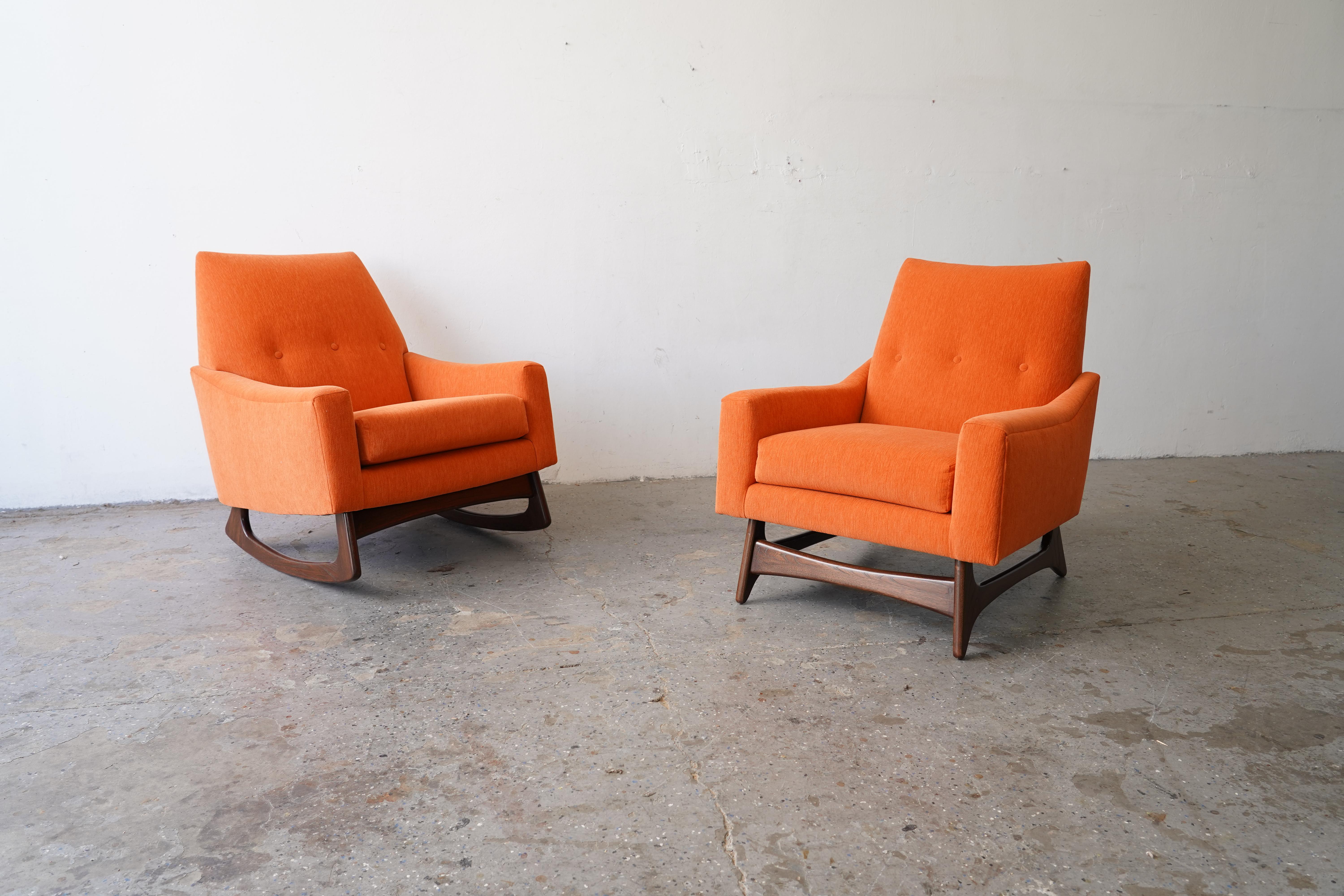 A pair of walnut base lounge chairs by Kroehler from the leisure collection 1966 in the style of Adrian Pearsall.

  Professionally Reupholstered & Refinished

Chair
28 inches wide 31.5 inches deep 34 inches high 
Seat 19 inches wide by 20 inches