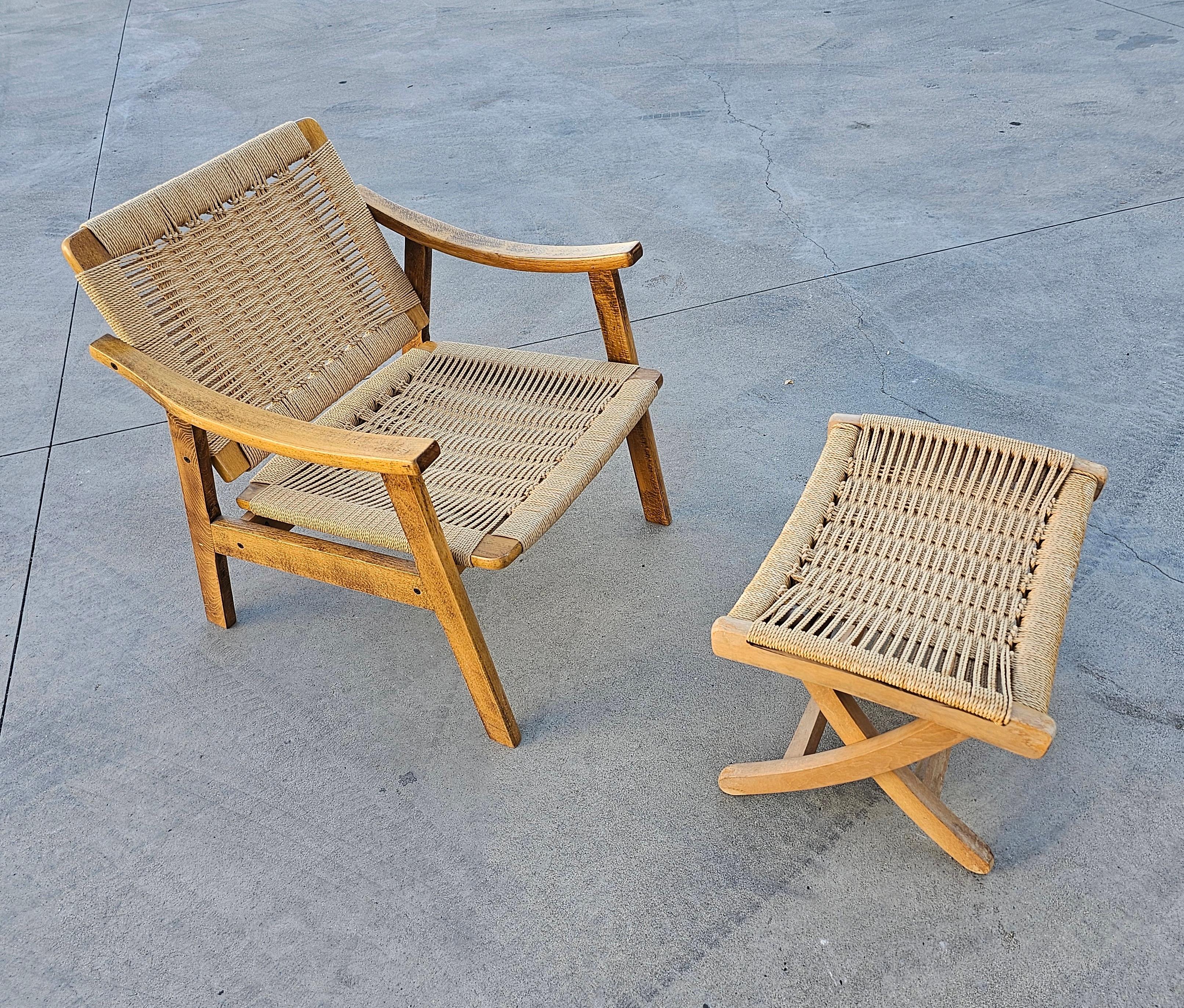 Papercord Pair of MCM Armchairs with Ottomans in style of Hans J. Wegner, Yugoslavia 1960s For Sale