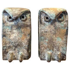 Pair of MCM Brutalist Forged Iron Owl Bookends In the Style of Isamu Noguchi