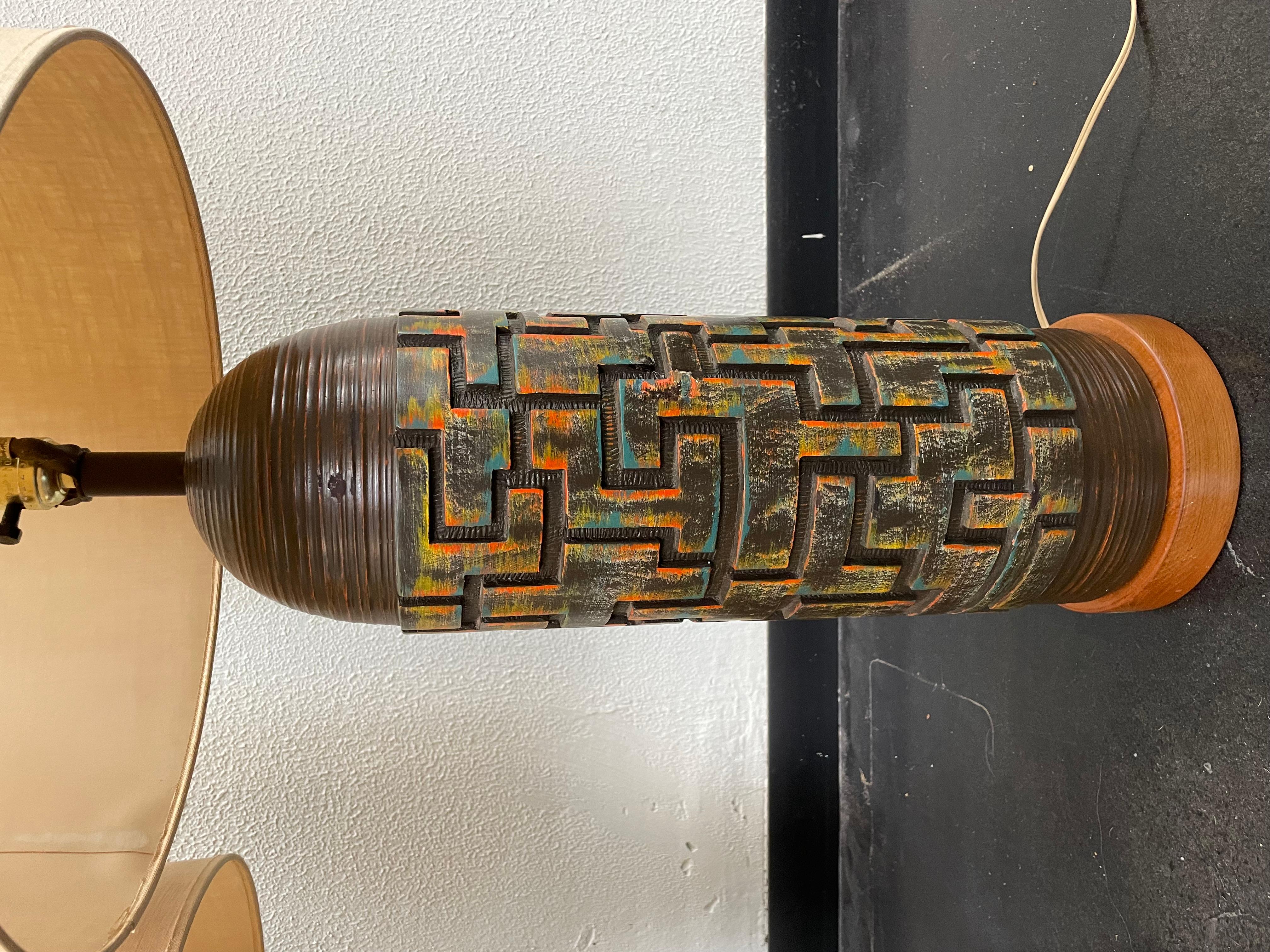 Beautiful Pair of MCM ceramic and wood lamps. In the style of Erik Ploen, large shades included.