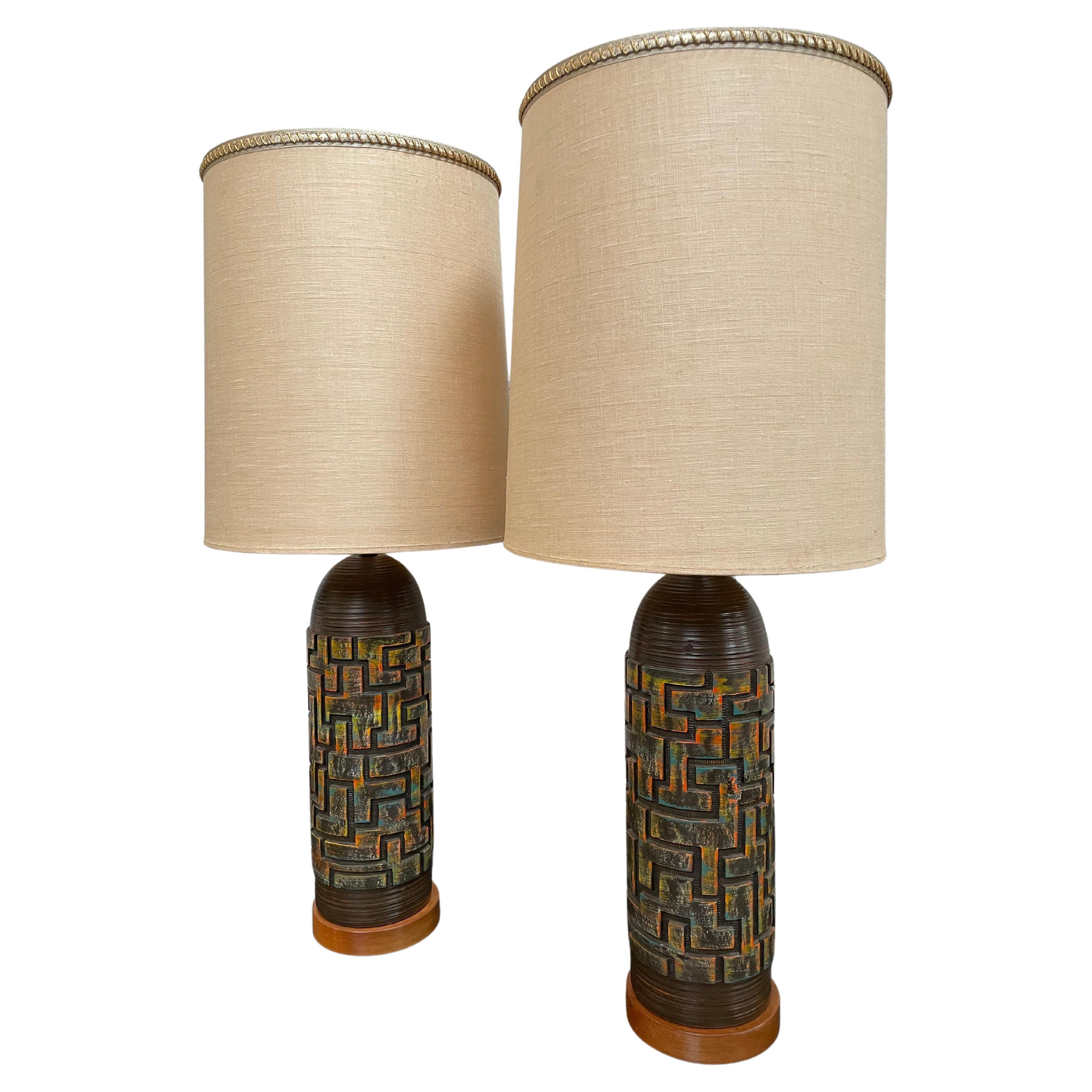 Mid-Century Modern Ceramic and Wood Lamps, a Pair
