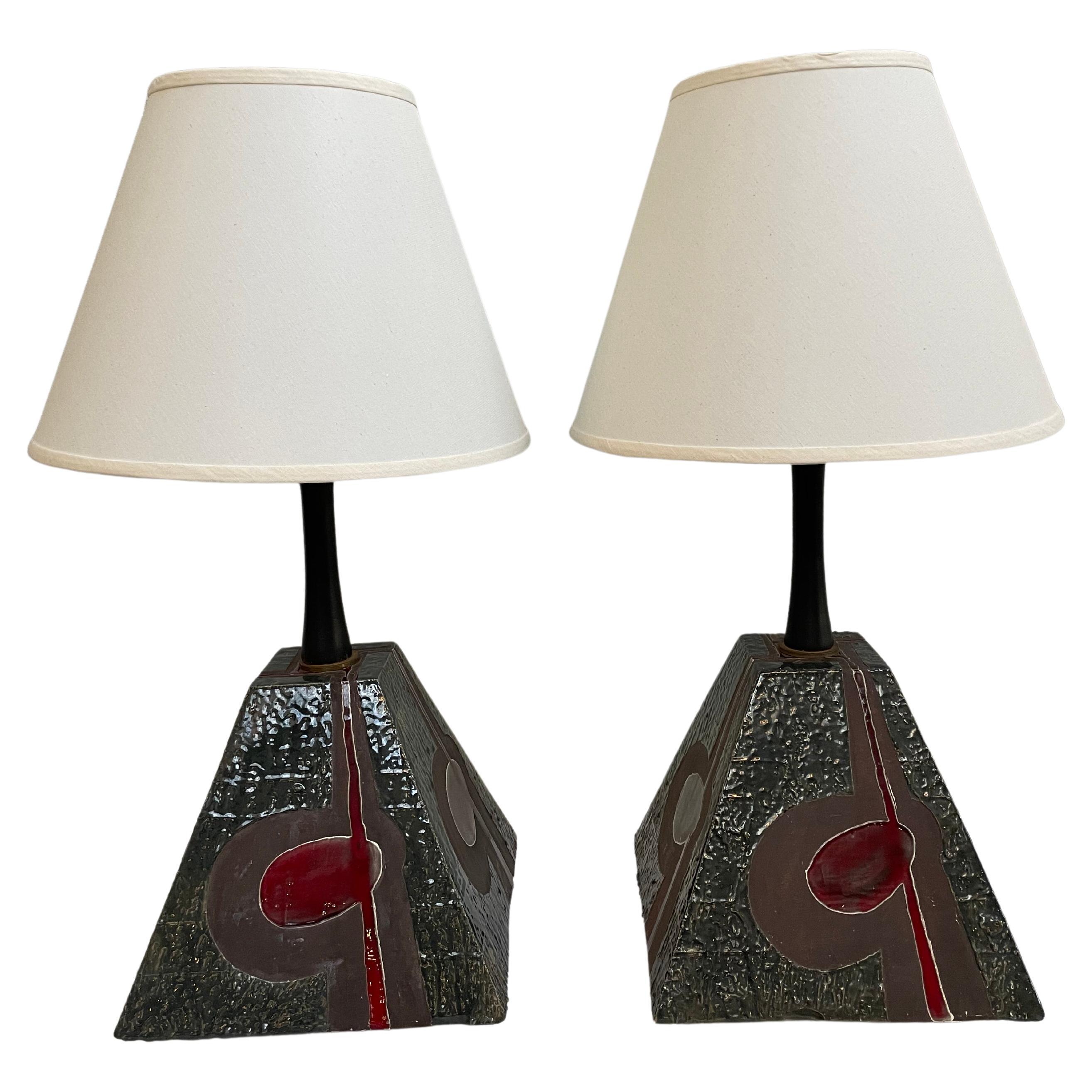 MCM Ceramic Brutalist Table Lamps, a Pair For Sale
