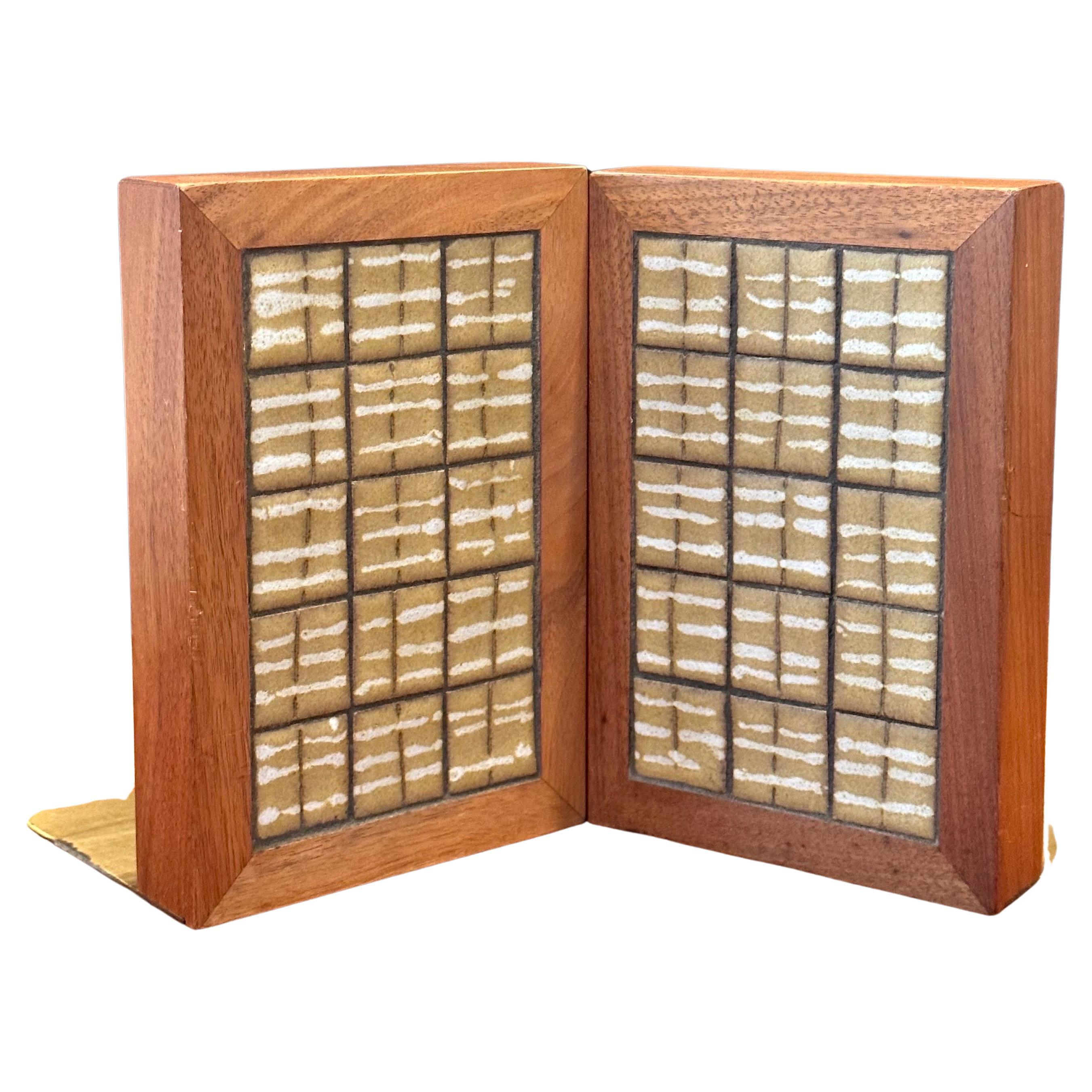 American Pair of MCM Ceramic Tile and Walnut Bookends by Jane & Gordon Martz  For Sale