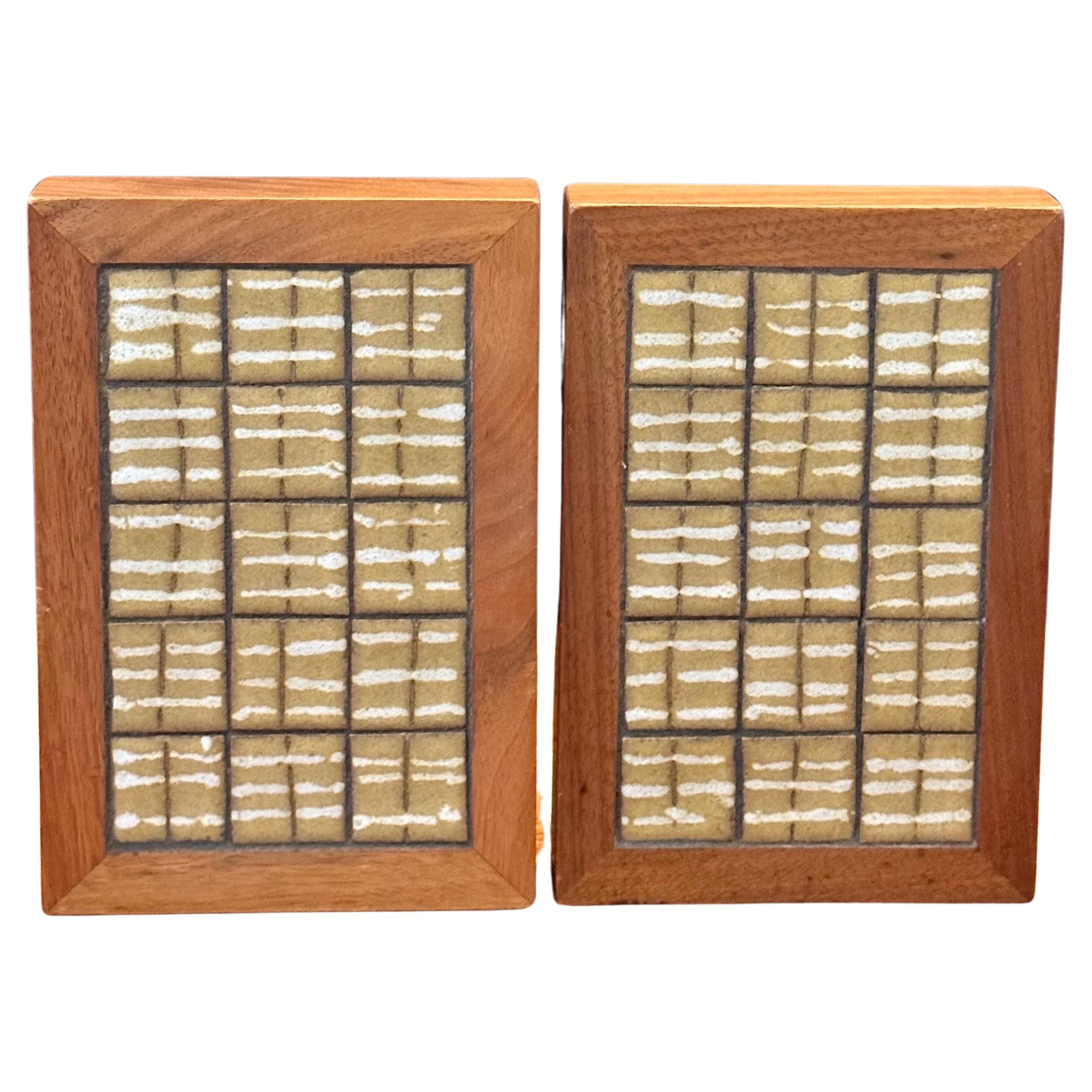 Pair of MCM Ceramic Tile and Walnut Bookends by Jane & Gordon Martz  For Sale