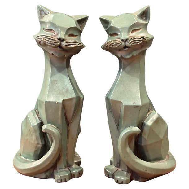 Pair of MCM Cubist Cat Sculptures by Universal Statuary Corp For Sale