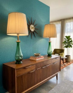 Pair of MCM Emerald Green Blown Glass Table Lamps in the Style of Blenko Glass