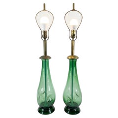 Pair of MCM Emerald Green Blown Glass Table Lamps in the Style of Blenko Glass