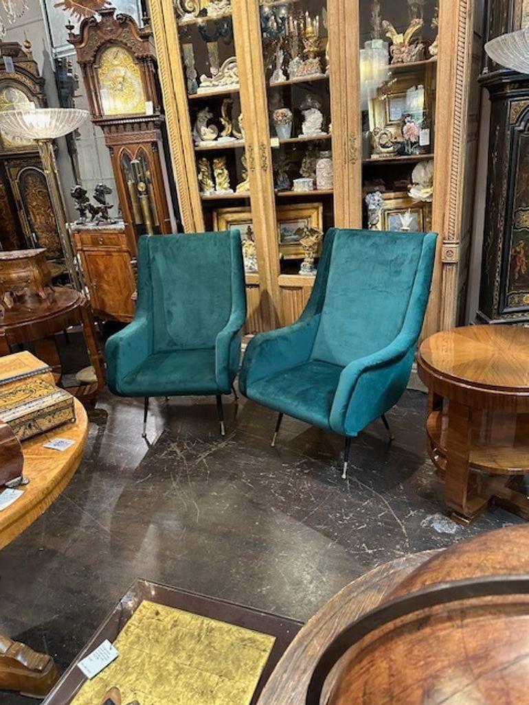 Handsome pair of MCM green velvet armchairs after Marco Zanuso. So stylish and great for today's modern designs!