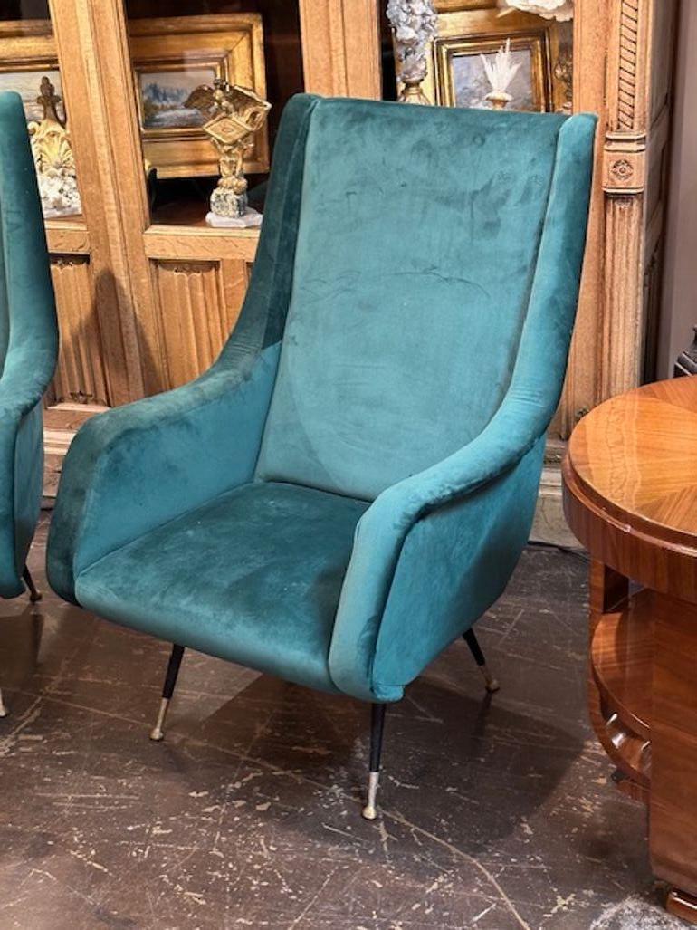 Mid-Century Modern Pair of MCM Green Velvet Armchairs after Marco Zanuso For Sale