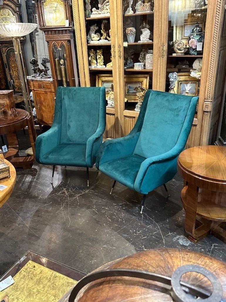 Pair of MCM Green Velvet Armchairs after Marco Zanuso In Good Condition For Sale In Dallas, TX