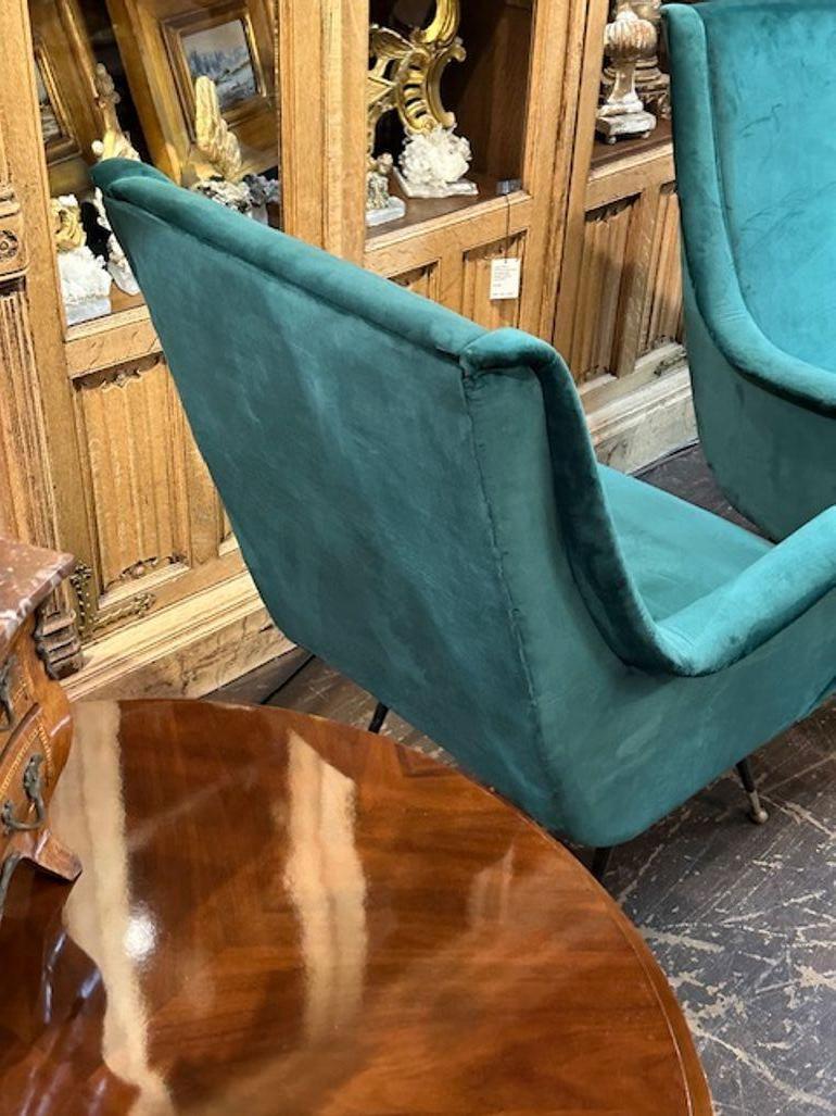 Metal Pair of MCM Green Velvet Armchairs after Marco Zanuso For Sale