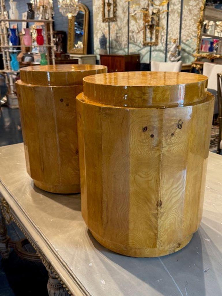 Pair of MCM Italian Burlwood Drum Tables In Good Condition For Sale In Dallas, TX