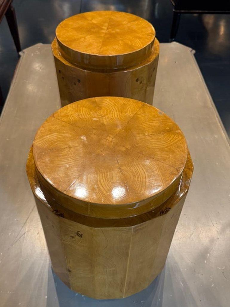 Contemporary Pair of MCM Italian Burlwood Drum Tables For Sale
