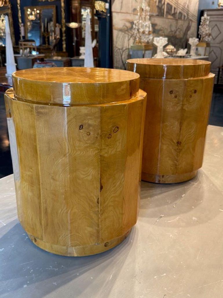 Pair of MCM Italian Burlwood Drum Tables For Sale 1