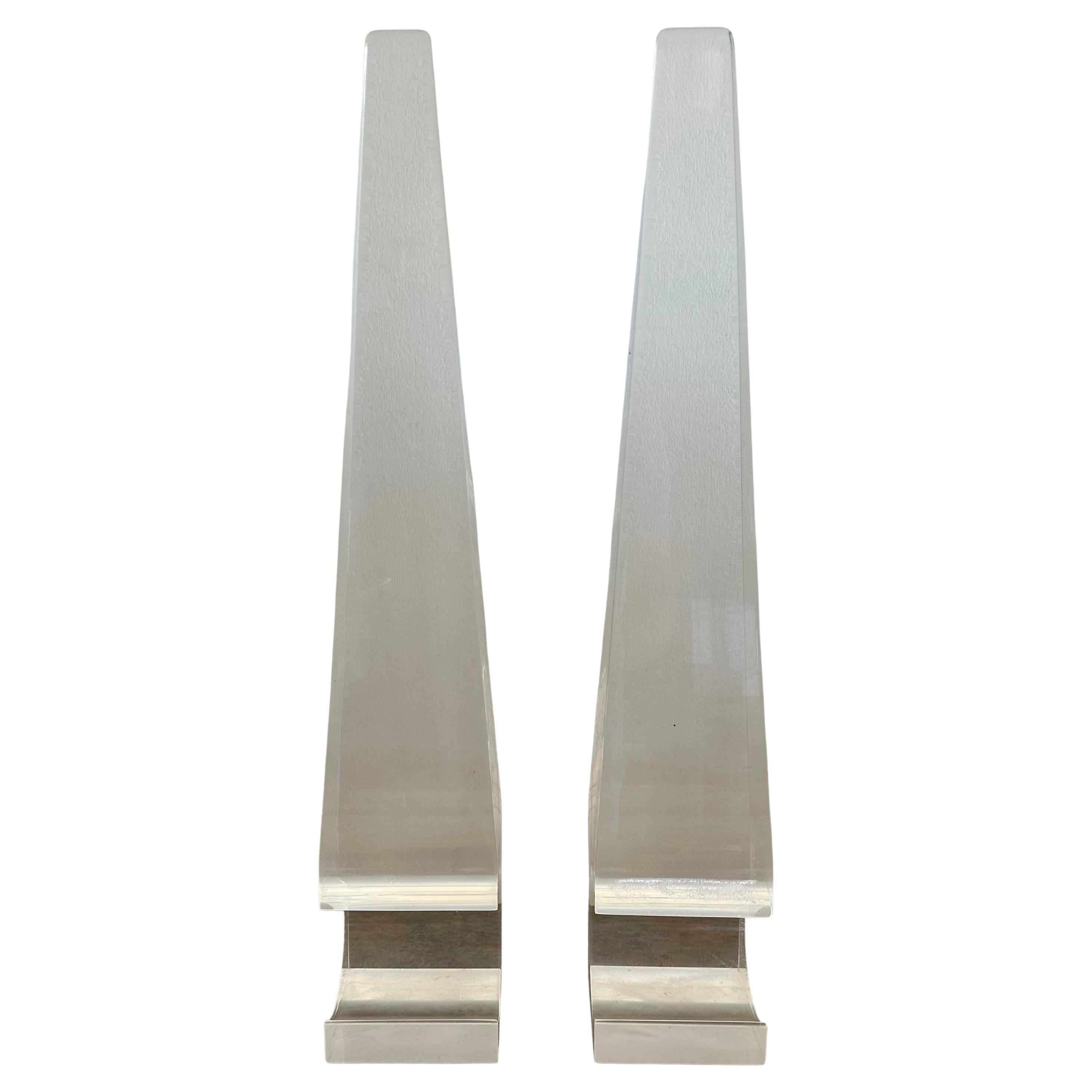 Super cool pair of MCM lucite obelisks with cut outs, circa 1970s. The pair are in very good vintage condition and measure 3.75