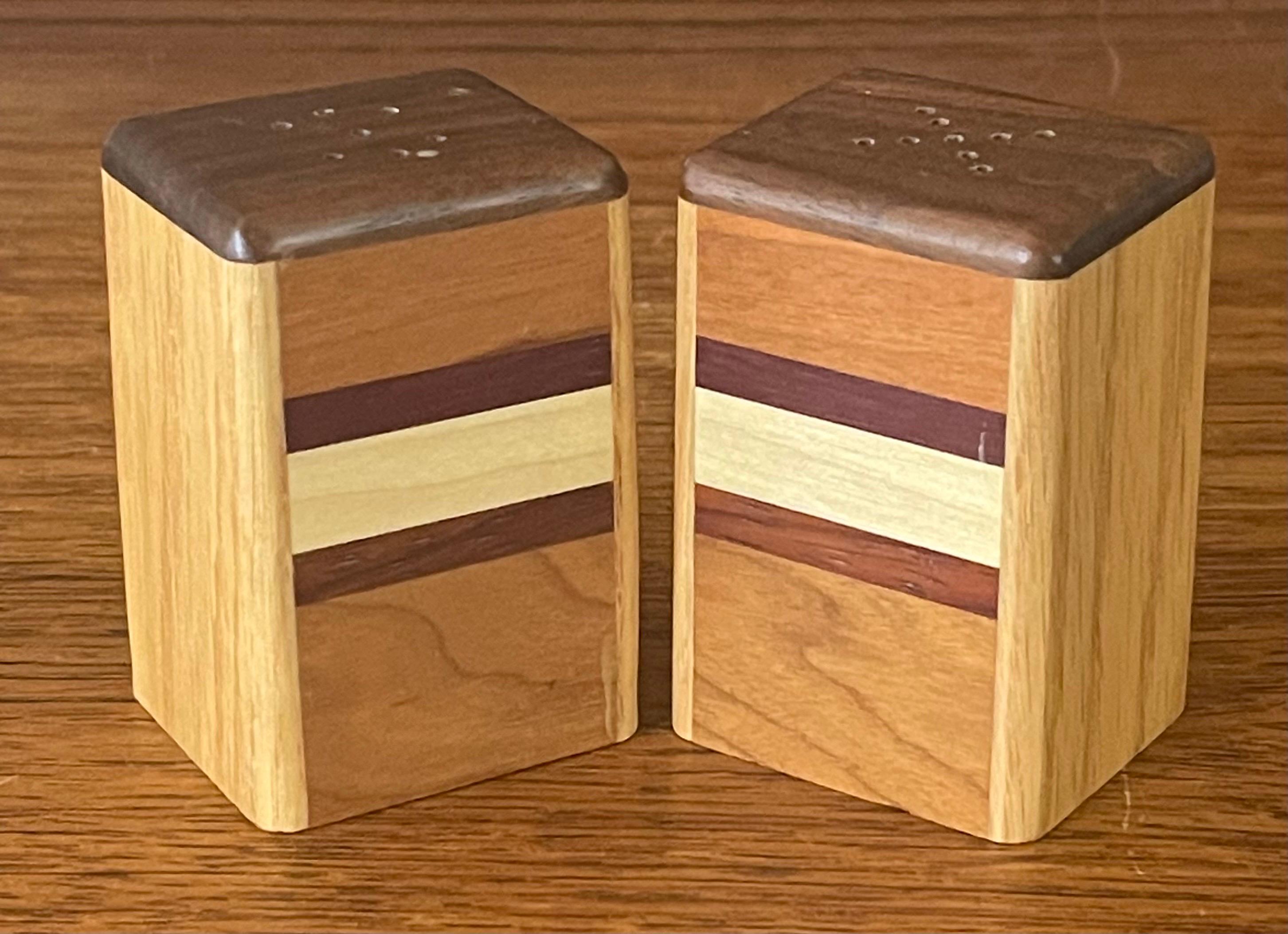 Mid-Century Modern Pair of MCM Mixed Woods Salt and Pepper Shakers For Sale