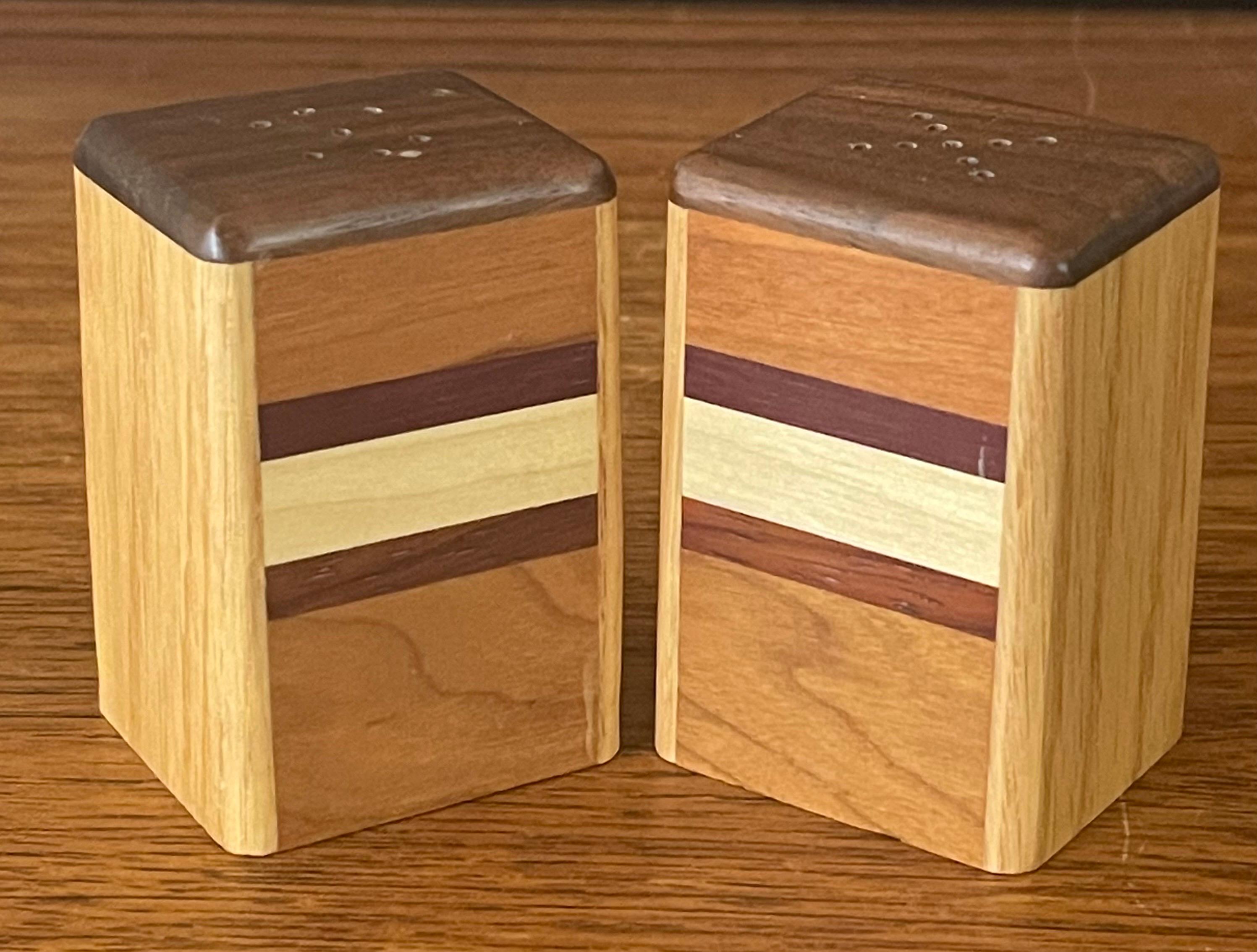 American Pair of MCM Mixed Woods Salt and Pepper Shakers For Sale