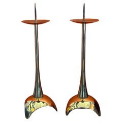 Pair of MCM Modernist Brass Candlesticks