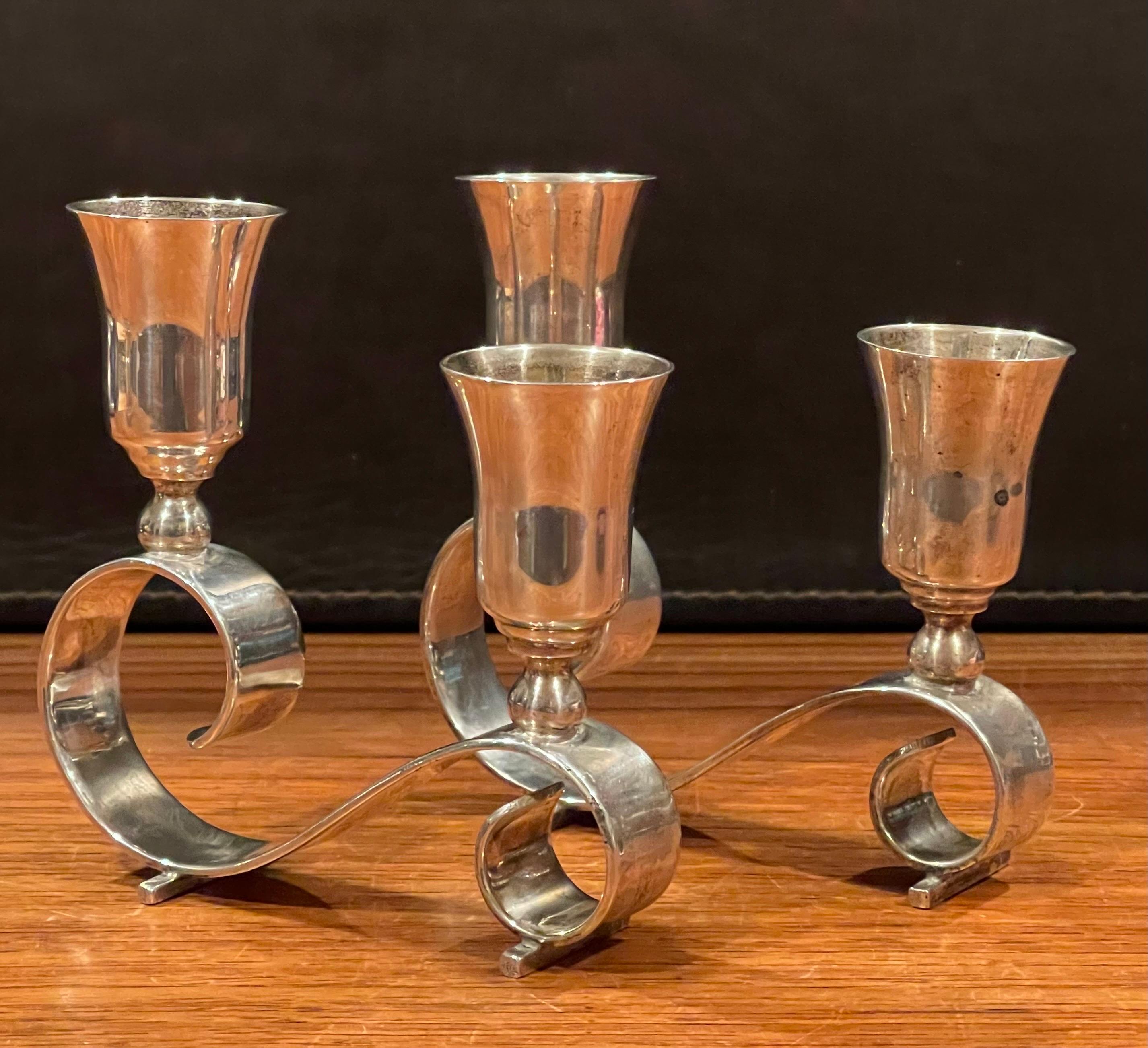 Mexican Pair of MCM Modernist Sterling Silver Candleholders by Juvento Lopez Reyes For Sale