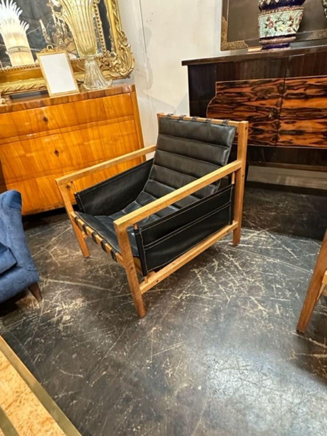 Pair of MCM Oak and Leather Arm Chairs In Good Condition For Sale In Dallas, TX