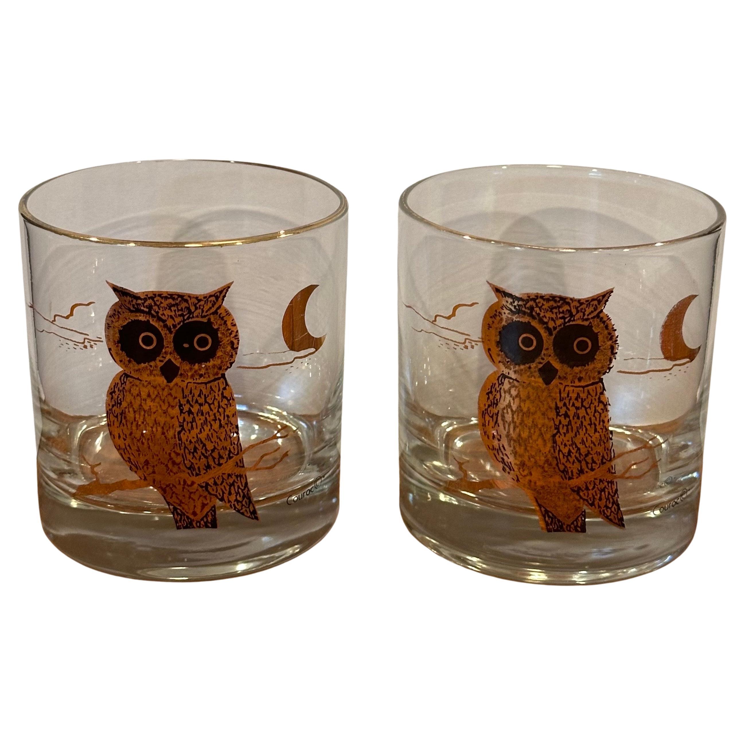 Mid-Century Modern Paire de deux verres Old Fashion à motif hibou de MCM par Couroc