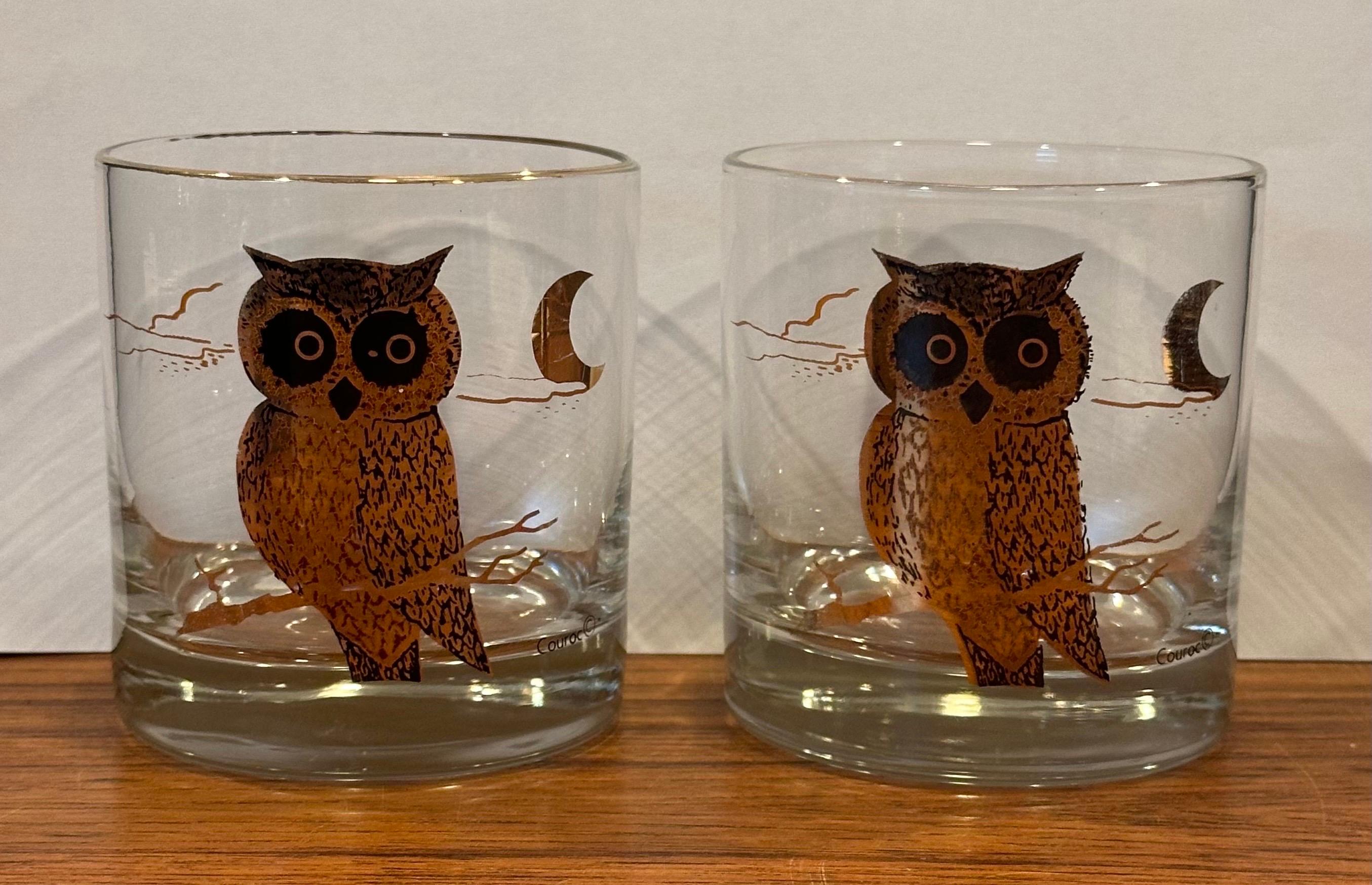 Américain Paire de deux verres Old Fashion à motif hibou de MCM par Couroc