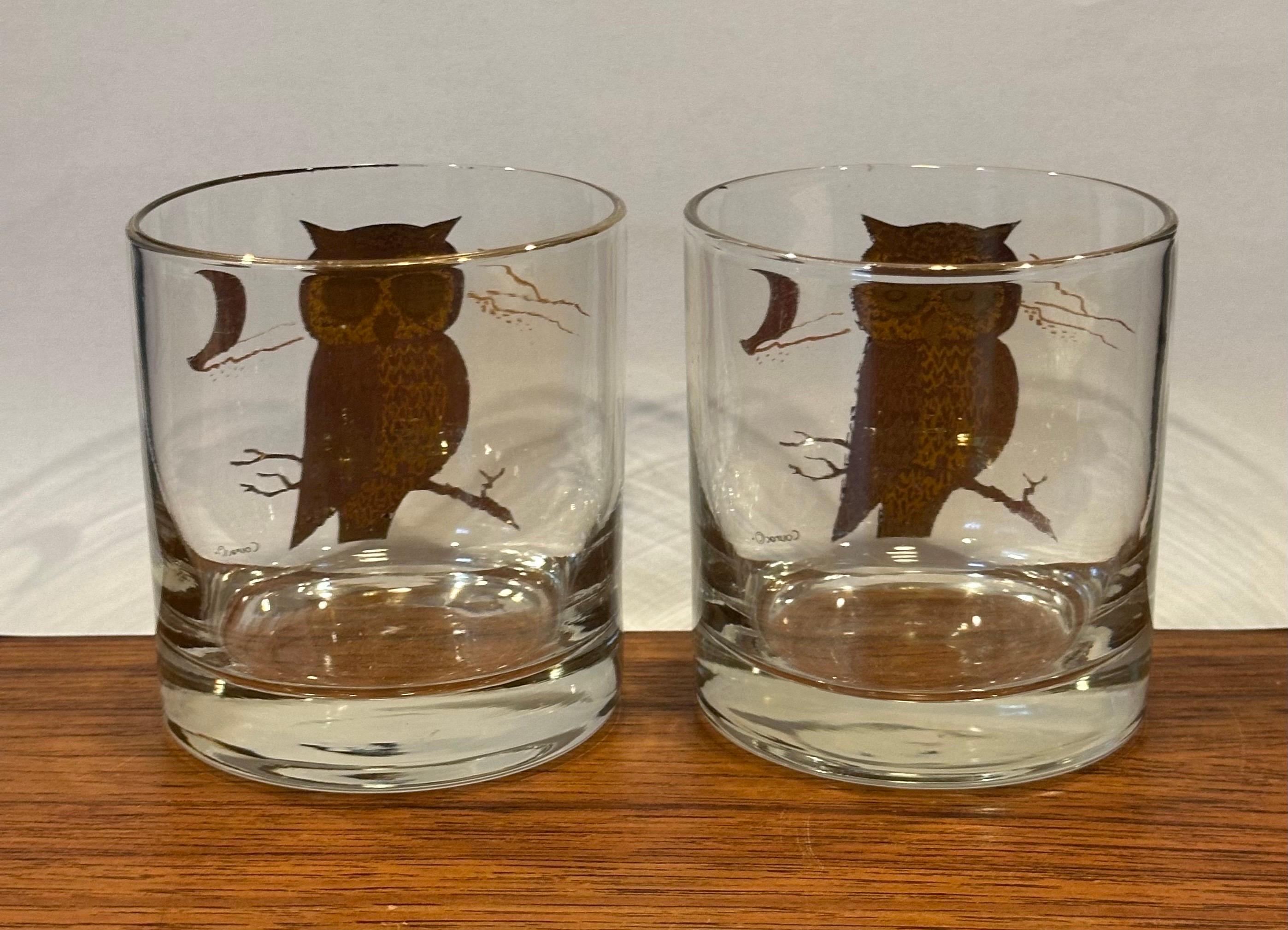 20ième siècle Paire de deux verres Old Fashion à motif hibou de MCM par Couroc