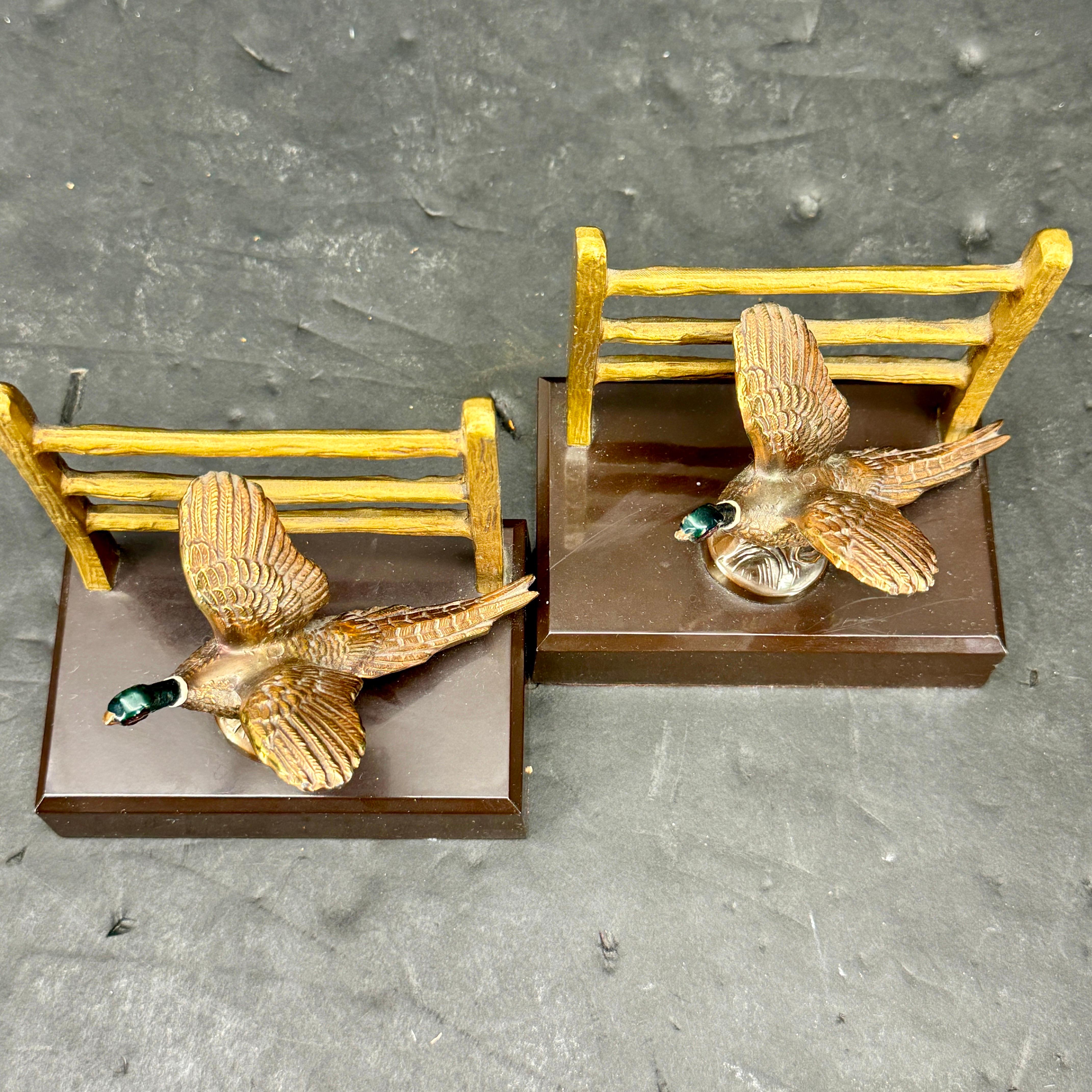 Pair of MCM Patinated Bronze Faux Bois Geese Brass Bookends For Sale 4