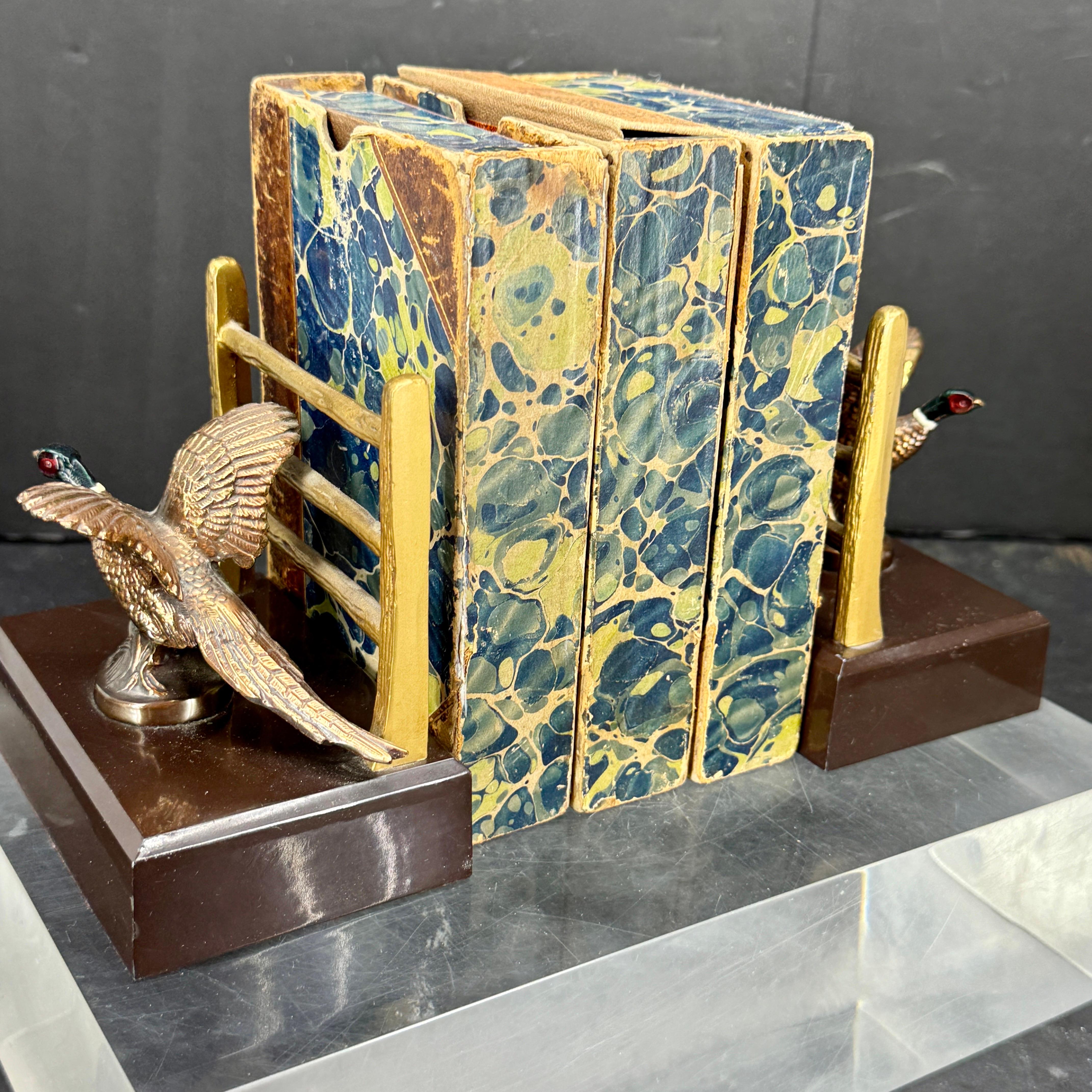 20th Century Pair of MCM Patinated Bronze Faux Bois Geese Brass Bookends For Sale