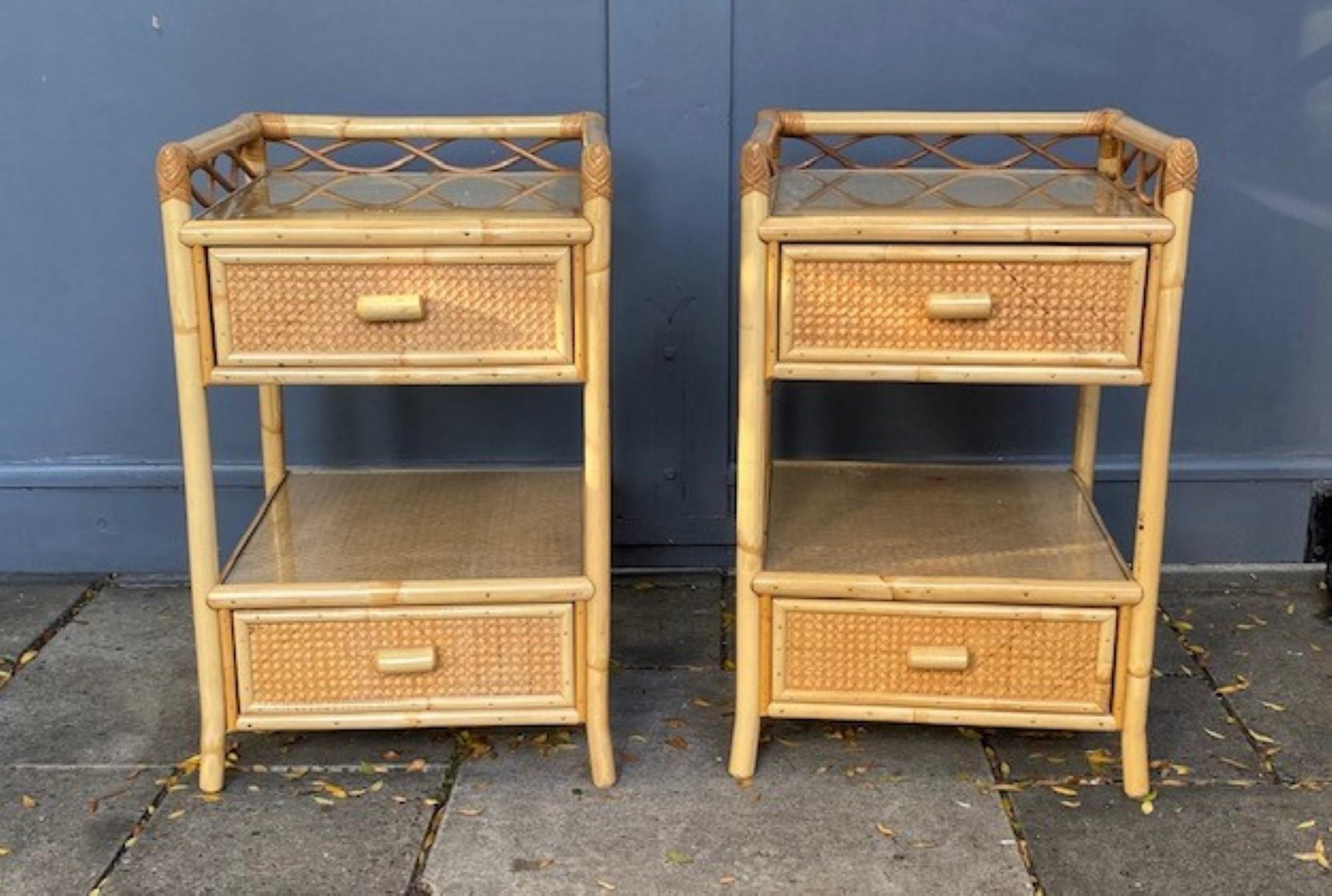 Pair of Angraves Mid Century Rattan / Cane Nightstands / Bedside Tables, English, 1970s

Pair of mid-century rattan / cane nightstands / bedside tables by English company, Angraves, England, 1970s.

Each nightstand has 2 x drawers with cane handles,