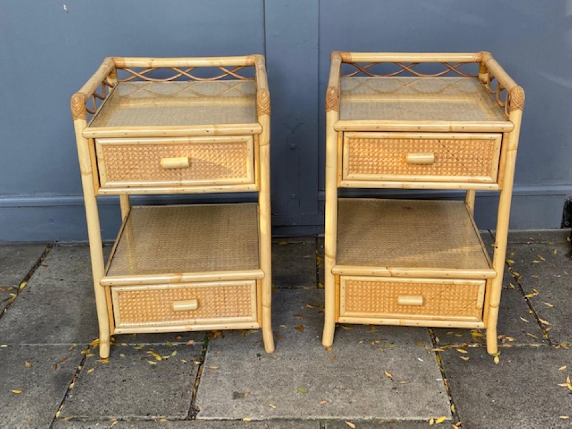 Mid-Century Modern Pair of MCM Rattan / Cane Nightstands / Bedside Tables, Angraves, English, 1970s For Sale